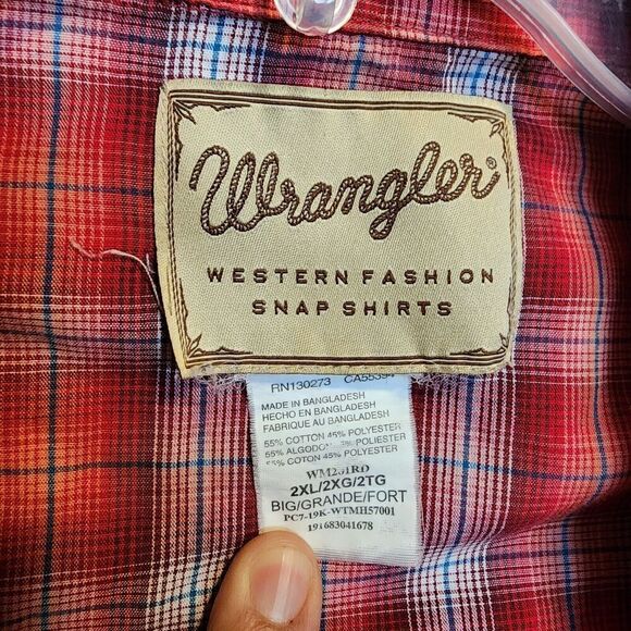 Wrangler- Mens 2XL Red Plaid Short Sleeve Pearl Snap Western Casual Shirt - Picture 2 of 7